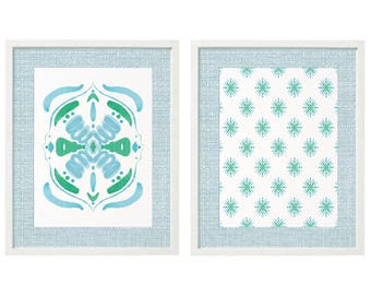 Set Of Two Chinoiserie Blue And Green Swirl Pattern Printable Wall Art ~ Instant Download