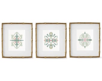 Chinoiserie Sage Green Abstract Art Prints: Set of Three (Digital Download)
