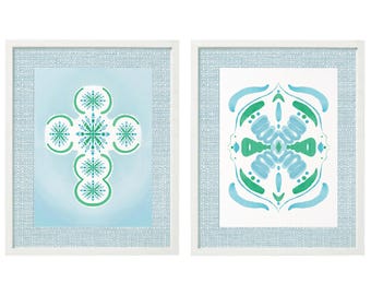 Chinoiserie Cross Art Prints, Blue & Green Abstract Set (Digital Download)