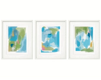 Blue Green preppy watercolor brush stroke abstract art piece Set of 3 Blue Green Printable Art Wall Posters ~ Printable Instant Downloadable