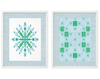 Chinoiserie Art Prints, Blue Green Abstract Wall Decor (Digital Download Set of 2)