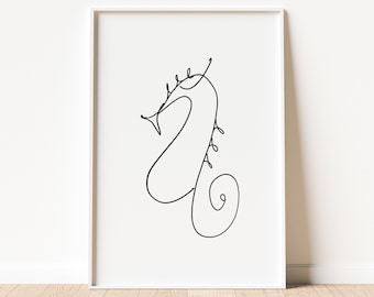 Arte de pared imprimible de caballito de mar dibujado con líneas ~ Pósteres de criaturas marinas ~ Descarga instantánea
