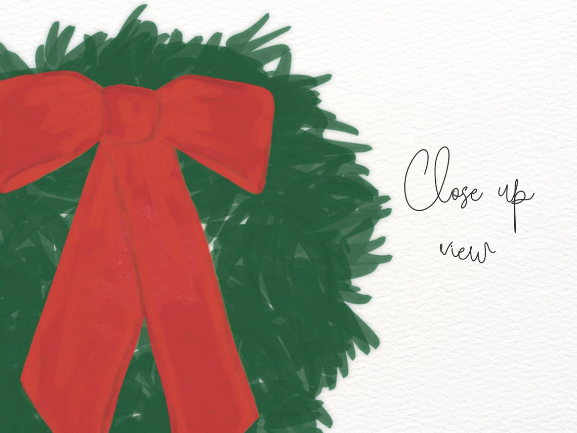 Christmas Wreath Art Print Red Bow Holiday Decor Digital Download Etsy