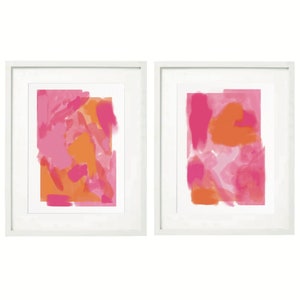 Juego de 2 piezas de arte abstracto con pinceladas de acuarela preppy en rosa y naranja, pósteres de pared imprimibles ~ Descarga instantánea imprimible