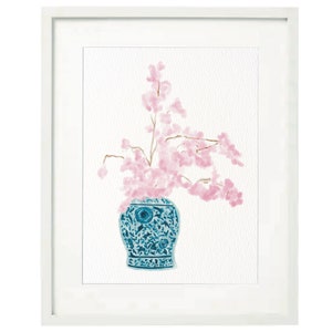 Chinoiserie Vase With Pink Flower Printable Art ~ Watercolor Pink Blue Wall Art ~ Chinoiserie Decor Posters ~ Printable Instant Downloadable