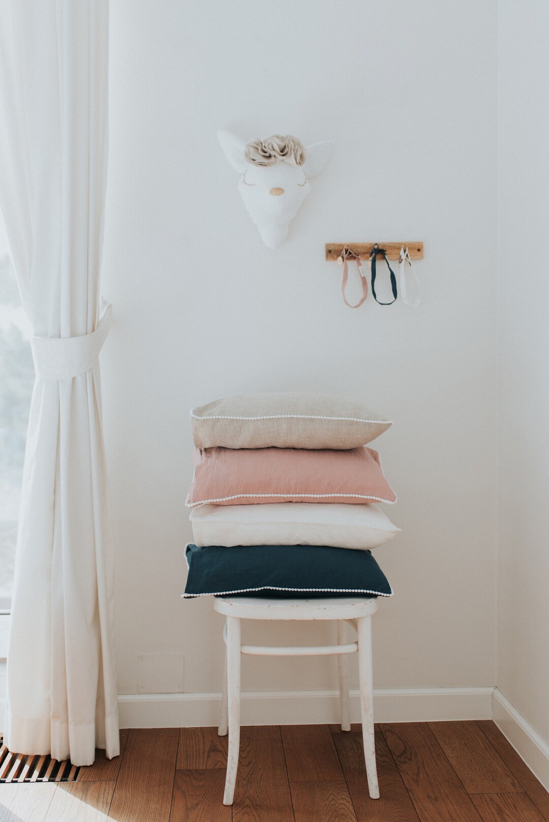 Linen Pillowcase With Pom Pom Trim/ Pom Pom Linen Cushion/ Various