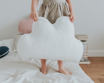 Linen cloud cushion/ linen pillow cloud/ cloud cushion with pom pom trim/ cloud cushion in various colors/ kids baby decor pillow/ hygge
