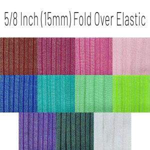 Shimmer FOLD OVER Elastic 5/8" (15mm) By The Yard, Hair Ties, Headband, FOE, Rainbow of Colors, Glitter Elastic