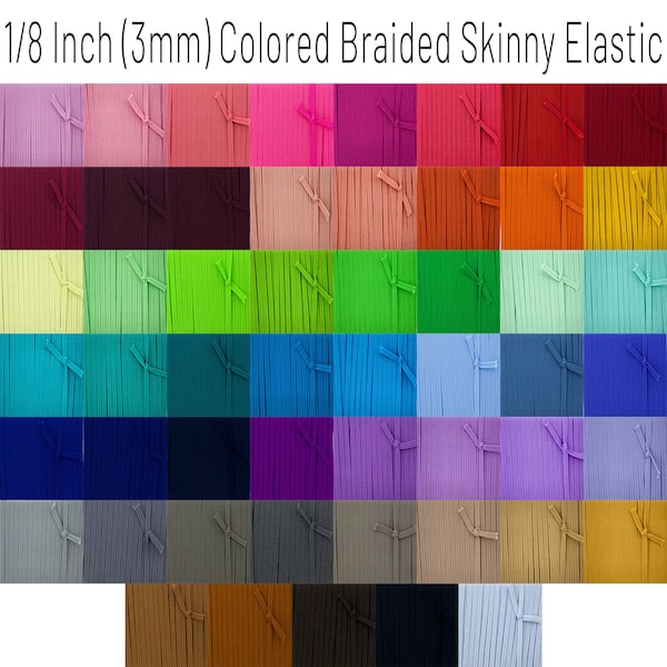 1/8 Inch (3mm) COLORED Braided Skinny Elastic sold By The Yard 1 | 5 | 10 | 20 yard increments Rainbow of Colors