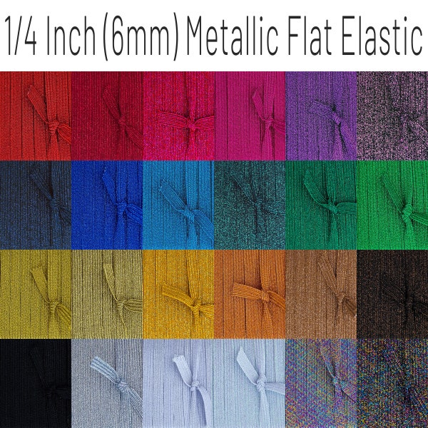 1/4 Inch (6mm) Braided Metallic Elastic, Glitter Skinny Flat Colored Elastic sold By The Yard, Rainbow of Colors