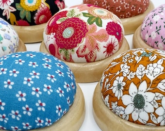 Wooden Pin Cushion Pin Keeper Seamstress  Pincushion Various Floral Patterns