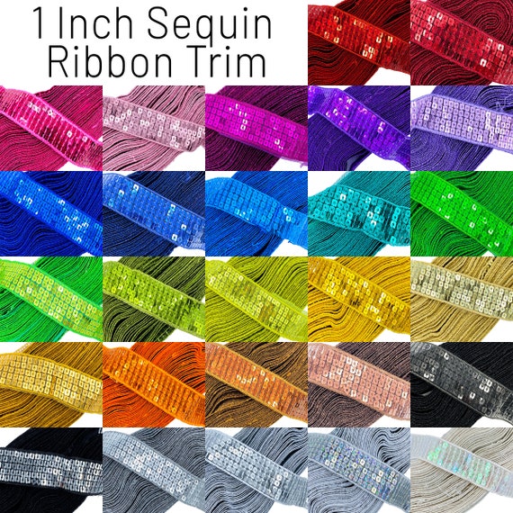 CLEARANCE: 1 Inch Square Sequin Ribbon Trim, (25mm) Glitter Trim, Glitter Lace, Dance Costume Trim, Rainbow of Colors