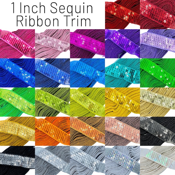 1 Inch Square Sequin Ribbon Trim, (25mm) Glitter Trim, Glitter Lace, Dance Costume Trim, Rainbow of Colors