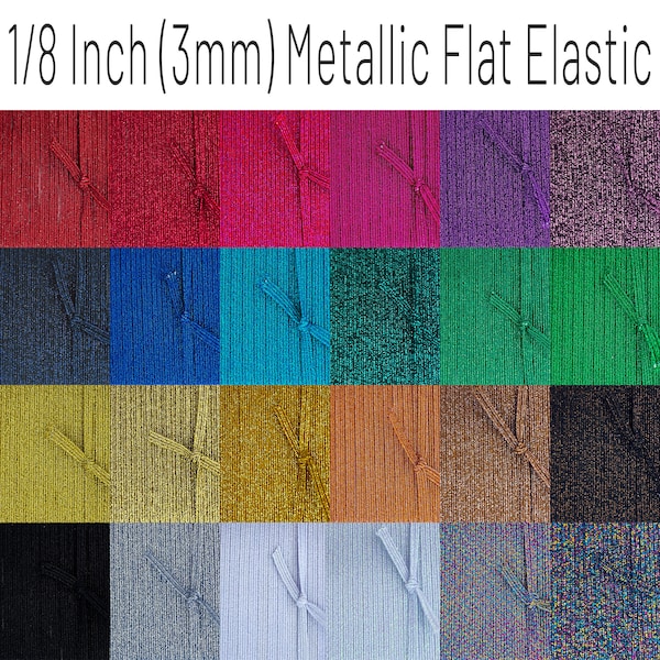 1/8 Inch (3mm) Braided Metallic Elastic, Glitter Skinny Flat Colored Elastic sold By The Yard, Rainbow of Colors