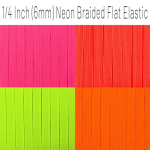 1/4 Inch (6mm) NEON Braided Skinny Flat Elastic sold By The Yard 1 | 5 | 10 | 20 yard increments Pink Coral Orange Yellow Lime