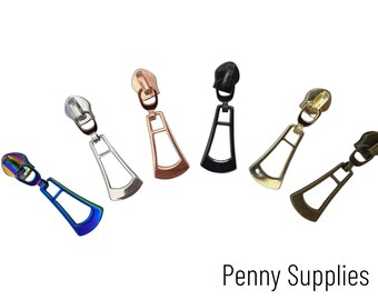STYLE 21, Size #5 Metal Zipper Pull, SET OF 3 or Variety Pack, Tear Drop Fan Design Handbag Zipper, #5 Zipper Tape