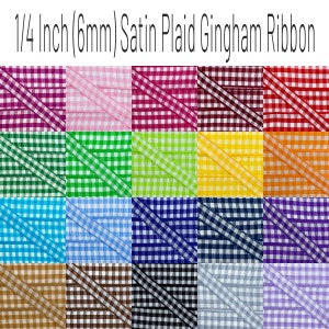 1/4 Inch Plaid Gingham Satin Ribbon By The Yard 5 | 10 | 20 yard (6mm) Checkered White | Black | Rainbow of Colors