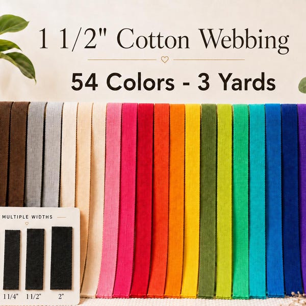 1 1/2 Inch Cotton Poly Webbing - 54 Colors - 3 Yards - Bag Straps, Tote Handles, Belts & Key Fobs