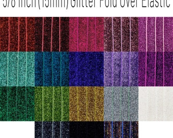 GLITTER Fold Over Elastic 5/8" (15mm) By The Yard, Hair Ties, Headband, FOE, Rainbow of Colors