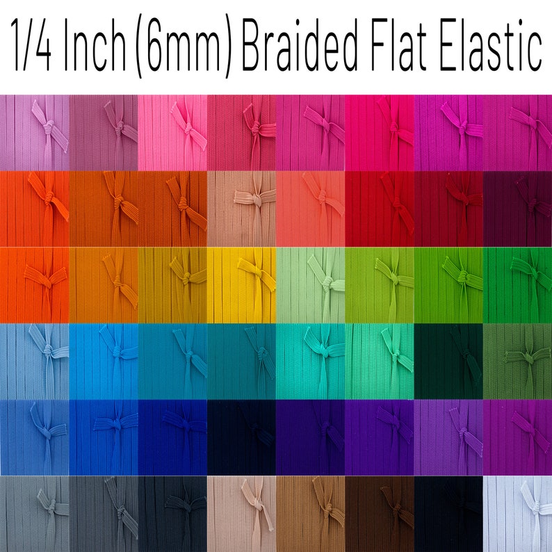 1/4 Inch 6mm COLORED Braided Skinny Flat Elastic sold By The Yard 1 5 10 20 yard increments Rainbow of Colors image 1