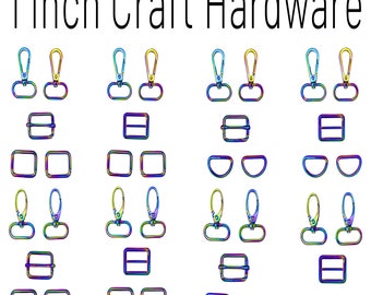 1 Inch Craft Hardware Set of 5, RAINBOW Handbag Kit, Swivel hooks, slider, and d rings.