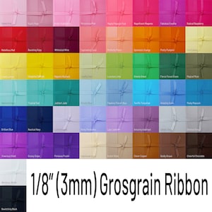 May include: A collection of 3/8 inch (3mm) wide grosgrain ribbon in a variety of colors. The ribbon is arranged in a grid pattern with each color labeled with a descriptive name.