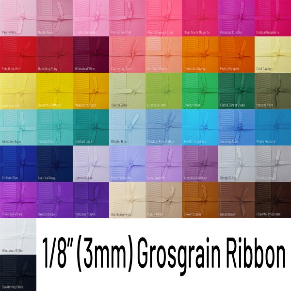 Ruban GROSGRAIN 1/8 pouce par mètre 5 | 10 | 20 verges (3 mm) Blanc | Noir | Arc-en-ciel de couleurs