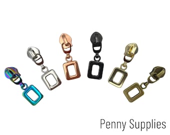 STYLE 9, Size #5 Metal Zipper Pull, SET OF 3 or Variety Pack, Square Handbag Zipper, #5 Zipper Tape