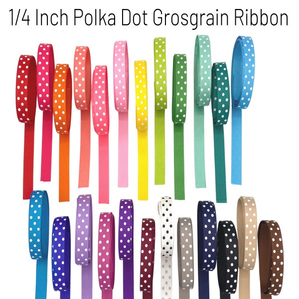 Polka Dot GROSGRAIN Ribbon 1/4 Inch By The Yard 5 | 10 | 20 yard White | Black | Rainbow of Colors