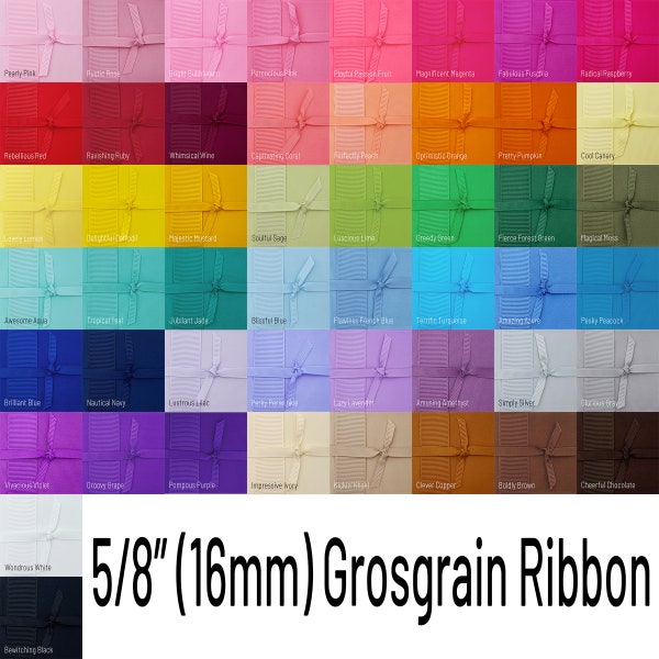 5/8 Inch GROSGRAIN Ribbon By The Yard 5 | 10 | 20 yard (16mm) White | Black | Rainbow of Colors