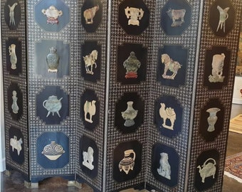 Biombo vintage asiático de 6 paneles con motivo de jade negro, años 60