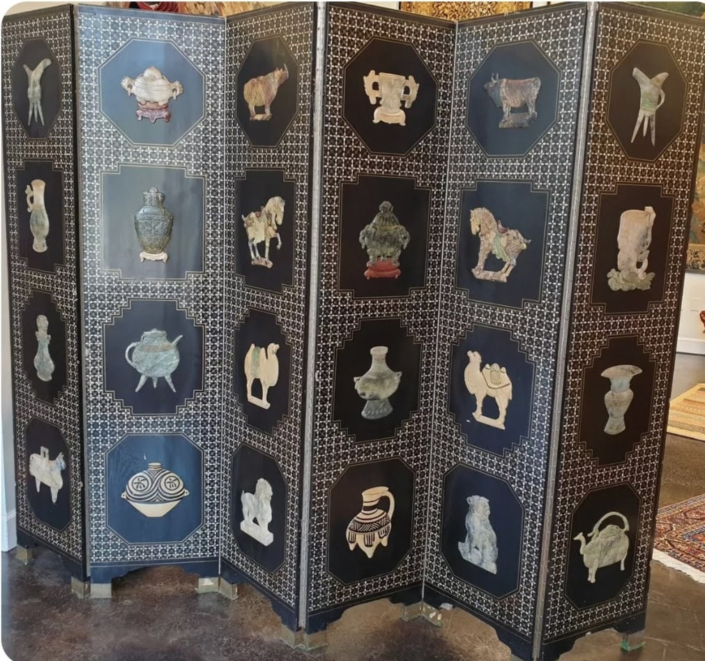 Vintage Asian Black Jade Motif 6 Panel Room Divider Screen 1960's
