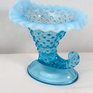 Fenton Blue Hobnail Cornucopia Vase