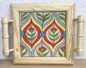 Mini wooden tray with beautiful hand-painted tile