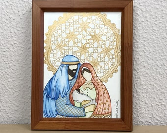 Hand painted picture in watercolor, paper painting, watercolor, frame frame, nativity scene, Christmas nativity scene painting, religious