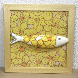 Fliesenmalerei mit Sardine, Portugiesische Fliese, Dekorative Malerei, Blumenmalerei, Gänseblümchen, Portugiesische Sardine, Sardine mit Malerei