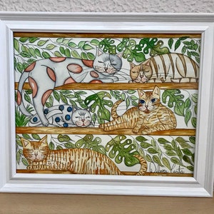 Hand painted watercolor comic with frame, colorful cats, small frame, decorative art, painting on paper, watercolor painting, pet