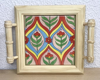 Mini wooden tray with beautiful hand-painted tile