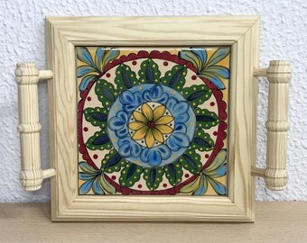 Mini wooden tray with beautiful hand-painted tile