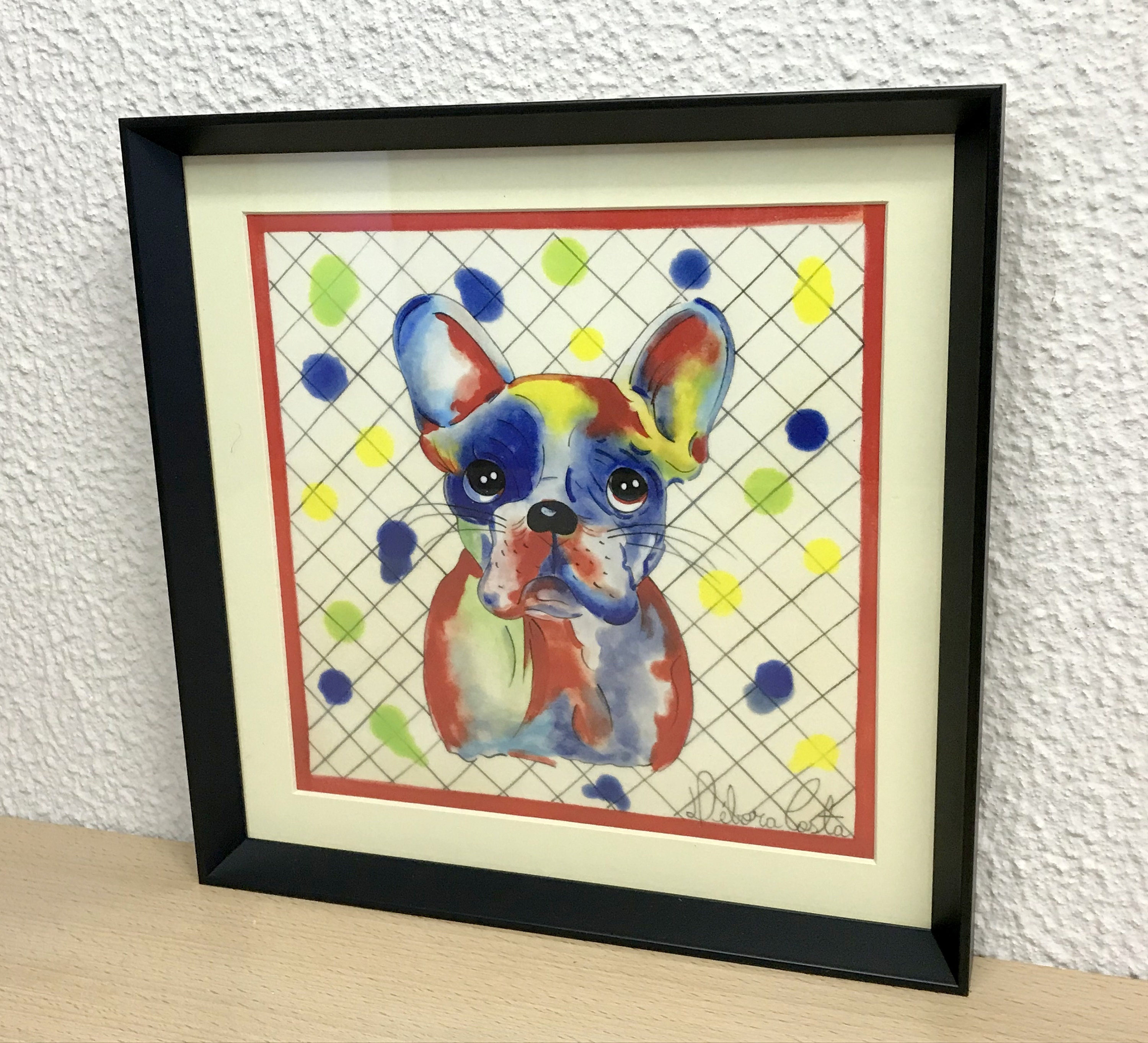 イラスト付き写真、フレーム付き、ブルドッグ、ポップアート