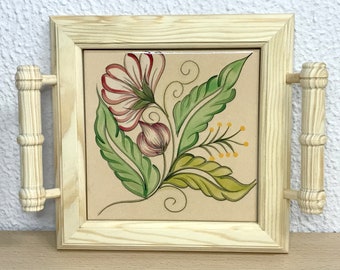 Mini wooden tray with beautiful hand-painted tile