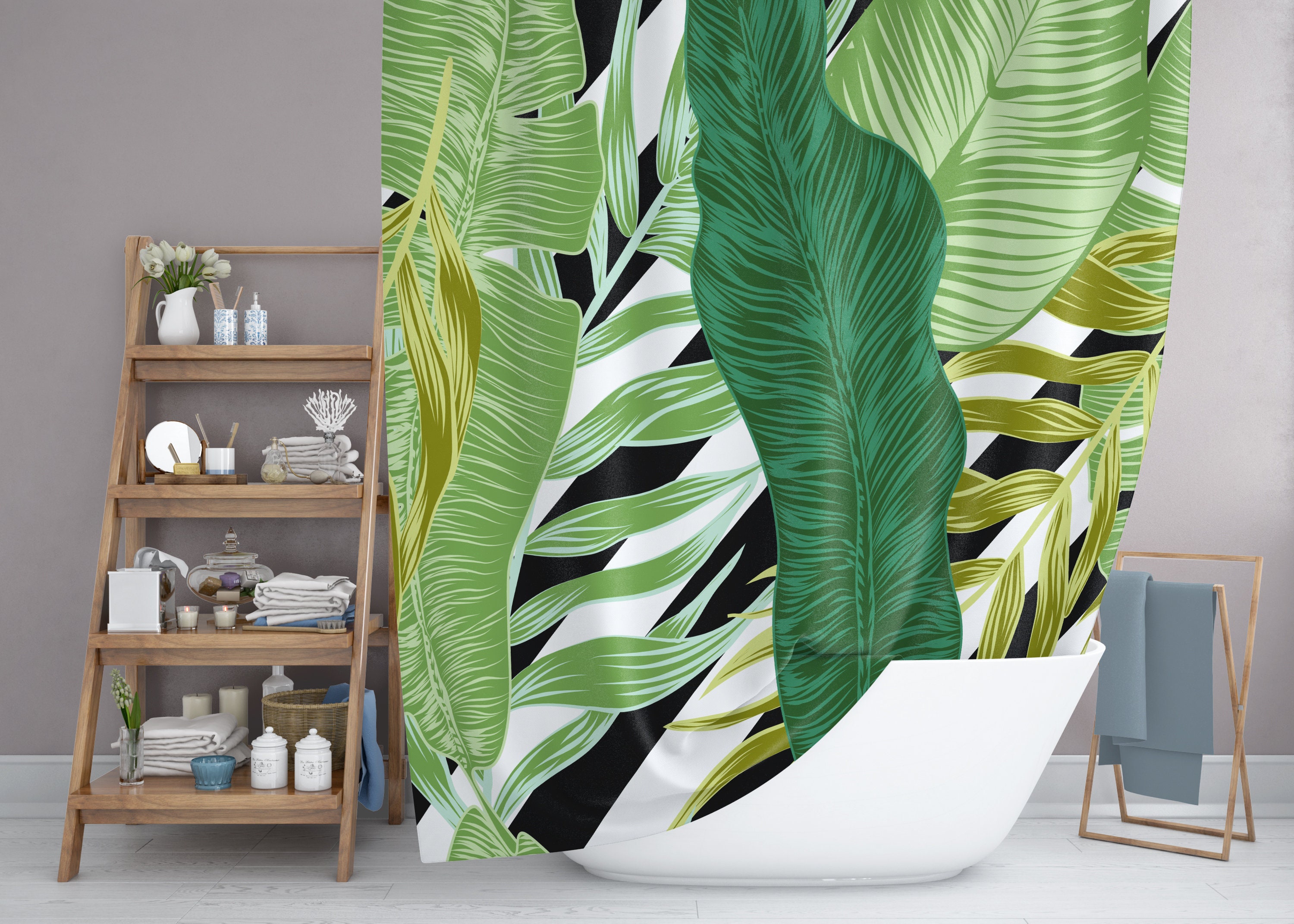 Tropical Shower Curtain Tropical Bathroom Jungle Print Etsy