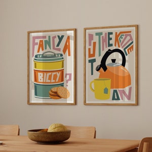 Set di tè e biscotti di 2 stampe d'arte / Arte da parete per cucina / Arte per la cucina / Arte per sala da pranzo / Stampa d'arte retrò / Stampa di arte grafica immagine 1