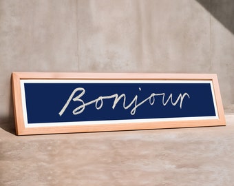 Bonjour Panoramic Art Print / Hallway Print / Colourful Home Decor / Typography Sign / Framed or Unframed / Slogan Print / 60 cm x 12 cm