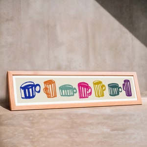 Coffee Mugs Panoramic Art Print / Colourful Kitchen Print / Framed or Unframed / Coffee Shop Decor / 60 cm x 12 cm