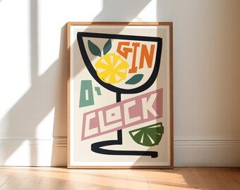 Gin O'Clock Art Print, Retro Kitchen Decor