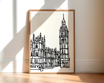 London Big Ben Art Print, Black and White Cityscape