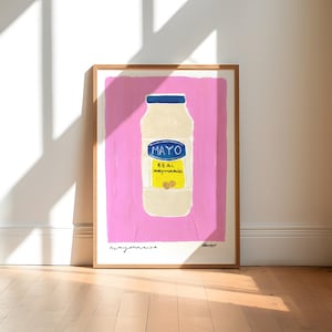 Sztuka ścienna z majonezem / Różowy wydruk artystyczny / Wydruk artystyczny do kuchni / Prezent na parapetówkę / Wydruk z sosem / Wydruk z dziwactwem