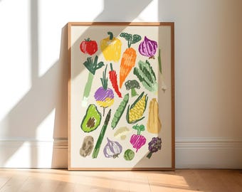 Groenten muurkunst / Abstracte kunstafdruk / Keukenkunstafdruk / Housewarming cadeau / Keukenvoedselafdruk