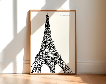 Eiffel Tower Art Print, Paris Black and White Line Drawing